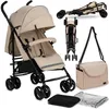 A collage of images showing a beige baby stroller and its accessories. Voir les images du produit