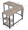An L-shaped desk with two shelves, shown with dimensions indicated. Náhled obrázku produktu