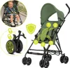 A baby in a stroller with various feature callouts. Produktbild-Vorschau