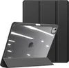 A black tablet case with a transparent back is shown in a studio setting, propped up to display its stand feature. Produktbild-Vorschau
