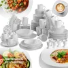 A collage of various white ceramic tableware items, including plates, bowls, cups, and saucers, arranged in stacks and groups, with some food items shown in separate images. Produktbild-Vorschau