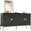 A black sideboard with geometric front and gold legs, decorated with a framed picture and two decorative objects on top. Produktbild-Vorschau