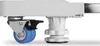 Close-up side view of a white adjustable roller for appliances, showing a blue wheel and a white adjustable foot. Voir les images du produit