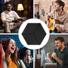 A collage of four images showing people using products in different settings, with a central image of black hexagonal acoustic panels. Produktbild-Vorschau