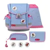 A set of school supplies including a backpack, pencil case, and pouch, all with a blue and pink color scheme and horse-themed decorations. Produktbild-Vorschau