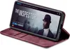 A smartphone in a burgundy flip case is displayed at an angle, showing a movie streaming interface on its screen. Produktbild-Vorschau