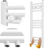 A white towel radiator is shown in a studio setting, with a close-up of its mounting hardware and connections at the bottom left. Two hands wearing yellow sleeves are shown interacting with the radiator on the right side. Podgląd zdjęcia produktu