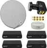 A collection of satellite TV equipment laid out on a white background. Produktbild-Vorschau