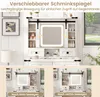A vanity table with a sliding mirror and storage compartments, shown in a room setting with a window and plants. The bottom part of the image shows two smaller images demonstrating the sliding mechanism. Voir les images du produit