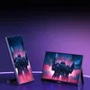 Two portable monitors are displayed against a dark purple and black gradient background. The monitor on the left is in a vertical orientation, while the monitor on the right is in a horizontal orientation. Both monitors display the same image of three armo Náhľad obrázku produktu