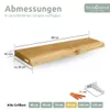 A wooden shelf with dimensions and mounting hardware shown. Produktbild-Vorschau