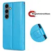 A blue flip cover case for a Samsung Galaxy S24+ phone, shown from the back with a close-up of the magnetic closure. Produktbild-Vorschau