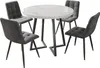A round marble-top dining table with four dark gray upholstered chairs, presented on a white background. Anteprima dell’immagine prodotto