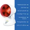 A white infrared lamp with a red bulb is shown against a blue background with text describing its features. Produktbild-Vorschau
