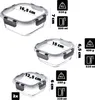 Three glass food containers of different sizes are shown with their dimensions and capacity information. Produktbild-Vorschau