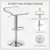 A white bar stool with chrome accents, presented with feature callouts. Produktbild-Vorschau