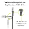 Diagram showing the flexibility and durability of a USB-C cable, with callouts for bend lifespan and anti-kink protection. Produktbild-Vorschau