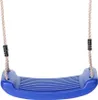 A blue plastic swing seat with tan ropes, isolated on a white background. Produktbild-Vorschau