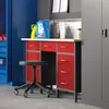 A workshop scene with a workbench, stool, and storage cabinets. Produktbild-Vorschau