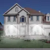 A large, modern house with a well-maintained lawn and garden, illuminated by solar-powered outdoor lights. Produktbild-Vorschau