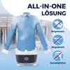 A product image showing a shirt steamer with a blue shirt on it, surrounded by marketing text and icons. Produktbild-Vorschau