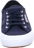 A close-up front view of a navy blue Superga sneaker with white laces and a white sole. Produktbild-Vorschau