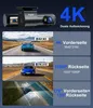 A marketing image showcasing a dual-lens dashcam with various resolution and field-of-view specifications. Produktbild-Vorschau