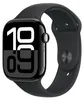 A black Apple Watch with a black sport band is shown against a white background. The watch face displays the time. Produktbild-Vorschau