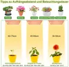 Diagram showing recommended hanging distances and lighting durations for different plant growth stages and types under grow lights. Náhľad obrázku produktu