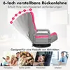 A floor chair is shown with multiple reclining positions indicated by numbers. Below, there are four vignettes showing people using the chair for different activities: watching TV, playing games, napping, and working on a laptop. Produktbild-Vorschau
