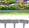 A garden border made of plastic in a stone/granite look, shown both installed in a garden and as individual pieces. Produktbild-Vorschau