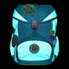 A teal school backpack with reflective elements and cartoonish leaf patterns, set against a black background. Anteprima dell’immagine prodotto