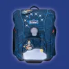 A blue backpack with a space-themed design, featuring a rocket and stars. Voir les images du produit