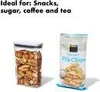 A clear storage container filled with nuts and a bag of pita chips are shown against a white background, with text indicating ideal uses. Produktbild-Vorschau