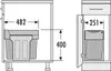 Technical drawing showing dimensions of a kitchen waste bin system within a cabinet. Voir les images du produit