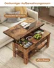A rustic wooden coffee table with a lift-top mechanism, showing its storage compartments and open shelves. It is placed in a living room setting next to a sofa. Voir les images du produit