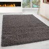 A taupe shaggy rug in a modern living room setting with a fireplace and large windows.
