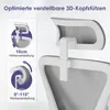 Close-up view of an adjustable headrest on an office chair, with diagrams illustrating its height and angle adjustment features. Produktbild-Vorschau