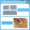 A collage of images showing striped fabric pieces, a close-up of a hand attaching velcro to a wooden leg, and text overlays describing product features. Podgląd zdjęcia produktu