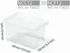 A clear product shot of a transparent plastic storage box with dimensions indicated. Voir les images du produit
