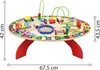 A wooden activity table for children with various interactive elements, including a xylophone, bead maze, gears, and alphabet letters, with dimensions indicated. Produktbild-Vorschau