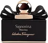 A black bottle of Salvatore Ferragamo Signorina Misteriosa perfume with gold accents and a black ribbon. Produktbild-Vorschau