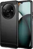 A black carbon fiber back cover for a smartphone is shown next to the smartphone's screen. Produktbild-Vorschau