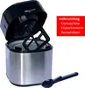 An ice cream maker with its lid open, showing the mixing paddle inside. A black ice cream scoop is placed in the foreground. Produktbild-Vorschau