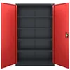 An empty metal cabinet with red doors open, showing multiple shelves. Anteprima dell’immagine prodotto