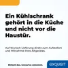 Marketing text about a refrigerator, with a logo at the bottom right. Produktbild-Vorschau