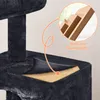 Close-up view of a cat tree, highlighting its construction with a magnified inset showing layered particle boards and text indicating 'Robust chipboards'. Produktbild-Vorschau