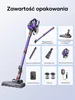 A collage of images showing a purple cordless vacuum cleaner and its various accessories, with text labeling each item. Podgląd zdjęcia produktu
