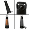 A collage of four images showing different views of a black tower heater. Produktbild-Vorschau