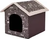 A dog house with a text print on it, set against a white background. Produktbild-Vorschau